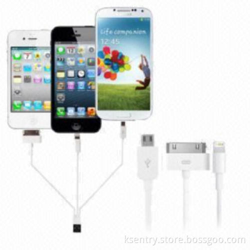 3-in-1 Charging Sync USB Cable for iPhone 5, 4S, Samsung Galaxy S4, HTC One, Black Color